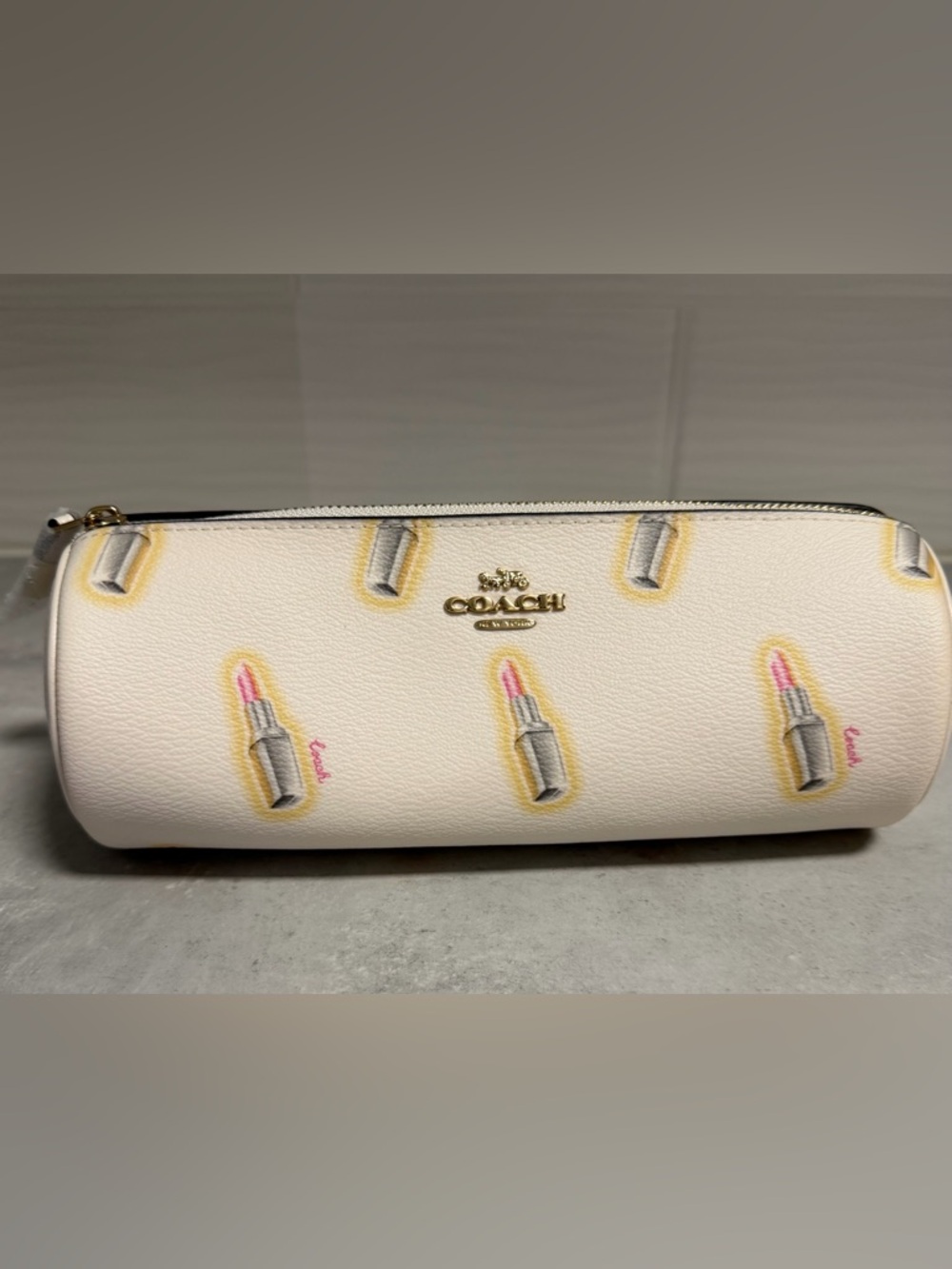 Coach Cream Lipstick Print Leather Cosmetic Pouch with Gold Logo